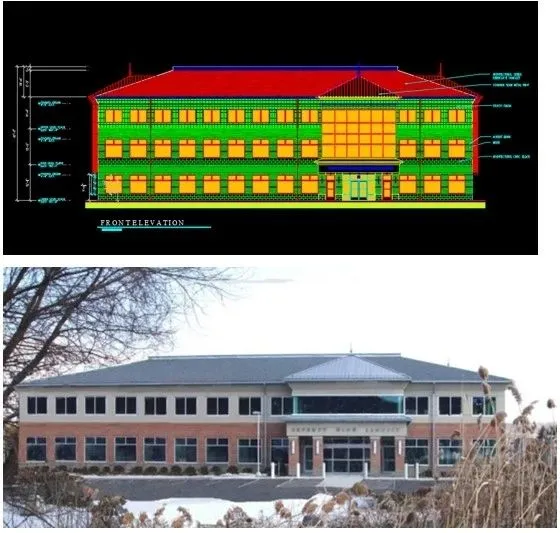 Front elevation drawing and finished photograph of the medical building at 79 Sandpit Road