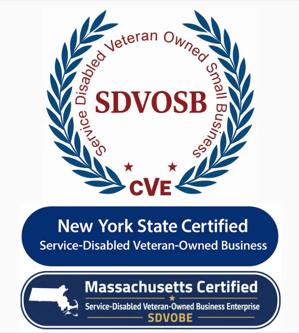 Certification marks: SBA verified Service-Disabled Veteran-Owned Small Business, New York State certified Service-Disabled Veteran-Owned Business, and Massachusetts certified Service-Disabled Veteran-Owned Business Enterprise