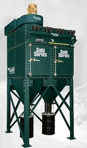 Baghouse dust collector unit with collection drums beneath the hoppers