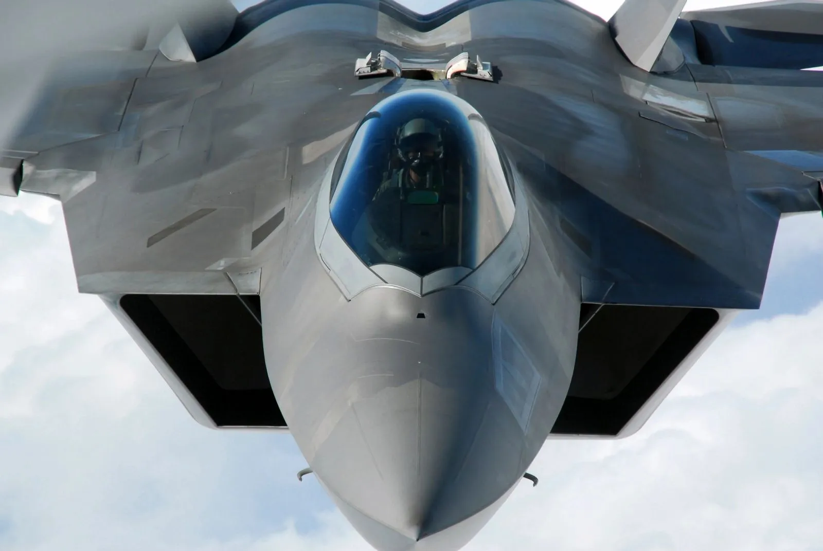 United States Air Force fighter aircraft in flight seen from above
