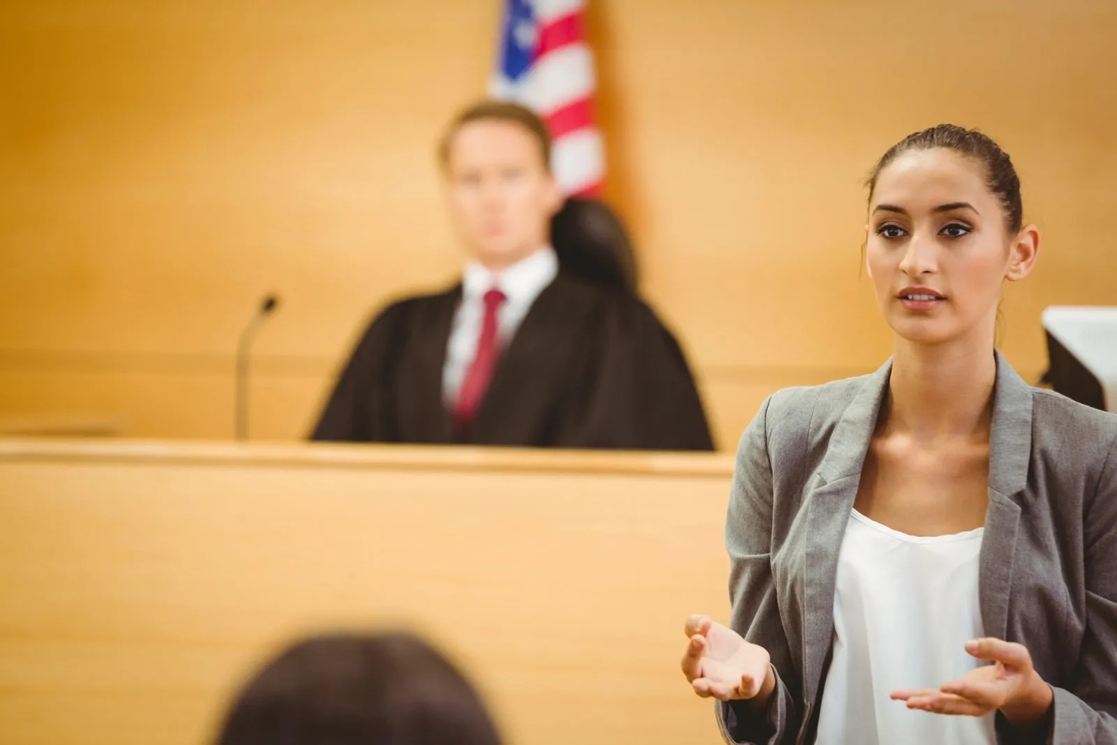 Attorney addressing the bench during a hearing in a courtroom