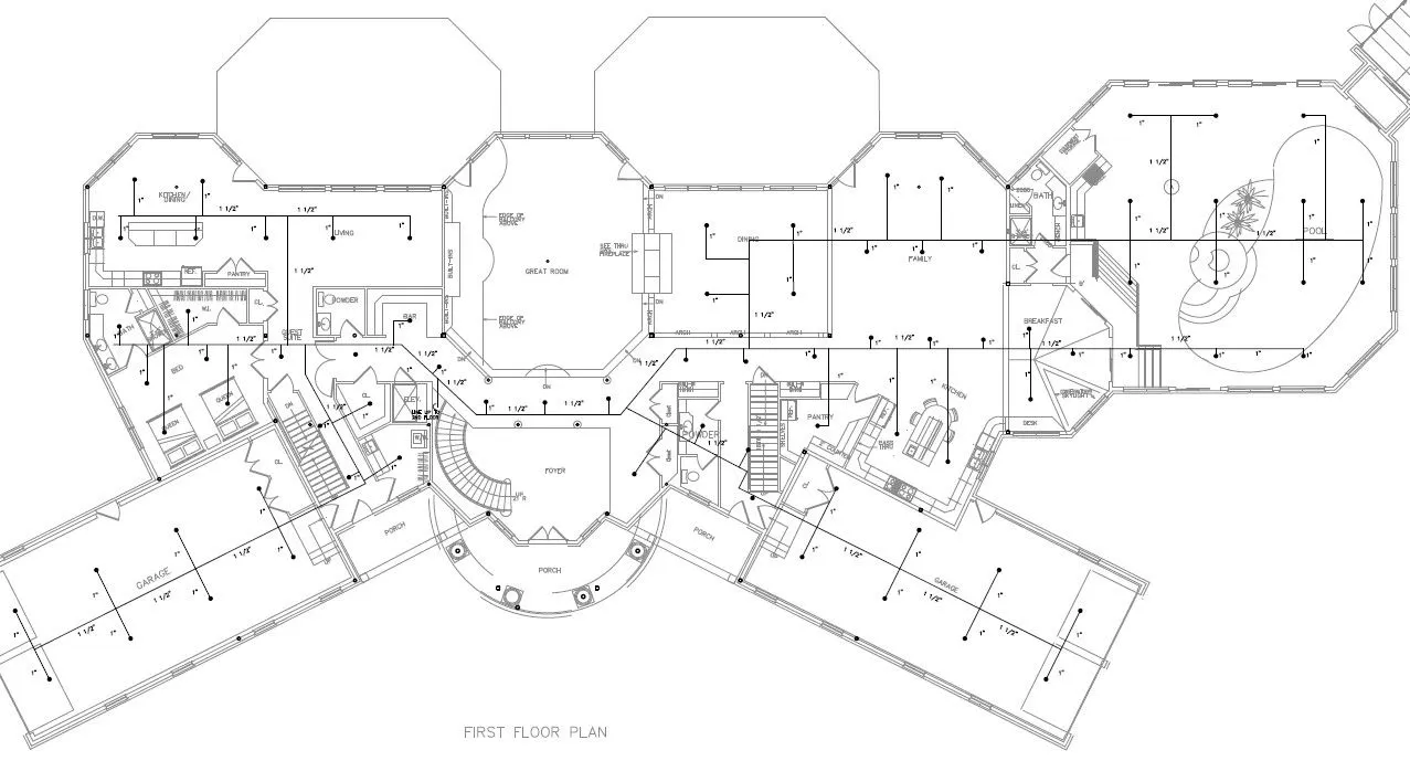 First floor plan of a large private residence showing piping runs