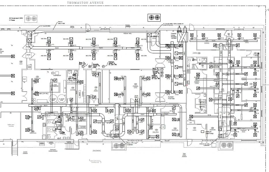 Rooftop mechanical equipment and ductwork on a commercial building