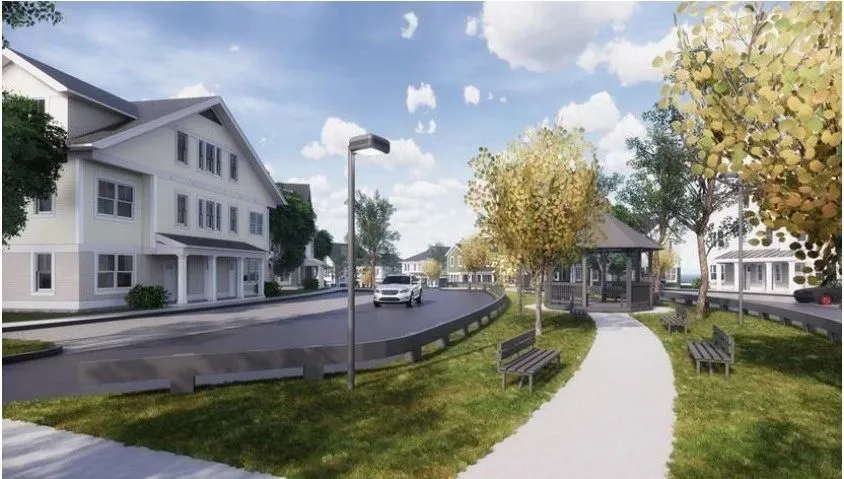 Streetscape rendering of the Oak Grove residential development in Norwalk