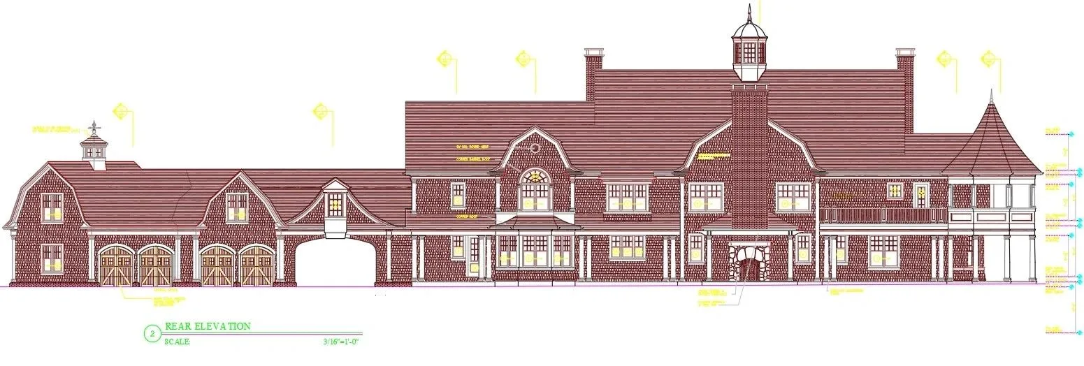 Rear elevation drawing of the Weitzman residence showing the full length of the house