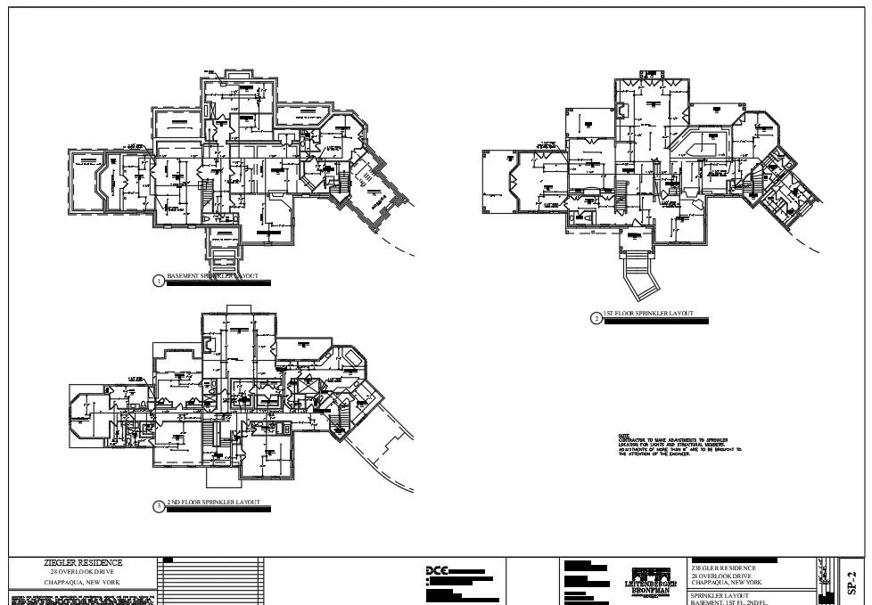 Sprinkler layout sheet showing basement, first and second floor plans for the Ziegler residence